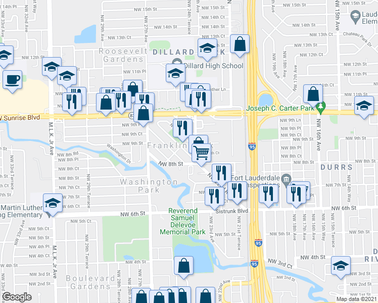 map of restaurants, bars, coffee shops, grocery stores, and more near 2417 Northwest 22nd Road in Fort Lauderdale