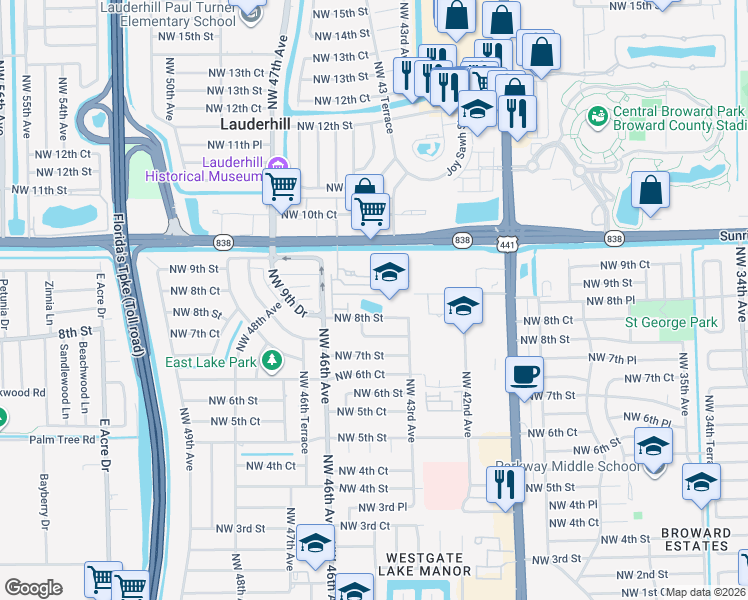 map of restaurants, bars, coffee shops, grocery stores, and more near 4400 Northwest 8th Street in Plantation