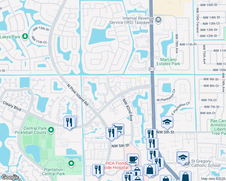 map of restaurants, bars, coffee shops, grocery stores, and more near 8243 Northwest 8th Street in Plantation