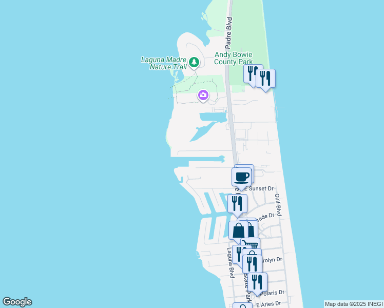 map of restaurants, bars, coffee shops, grocery stores, and more near 188 Kings Court in South Padre Island