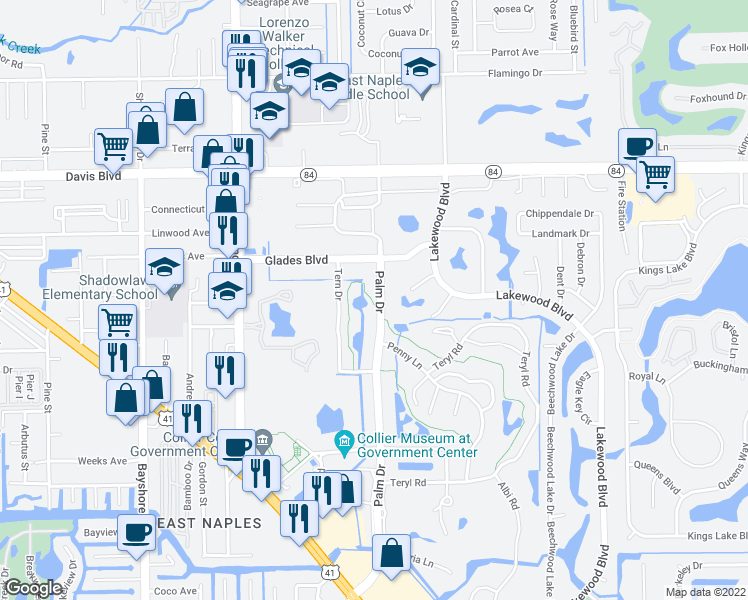 map of restaurants, bars, coffee shops, grocery stores, and more near 96 Glades Boulevard in Naples