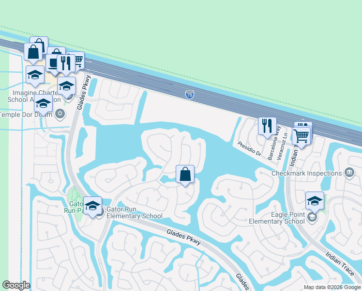 map of restaurants, bars, coffee shops, grocery stores, and more near 1242 Meadows Boulevard in Weston