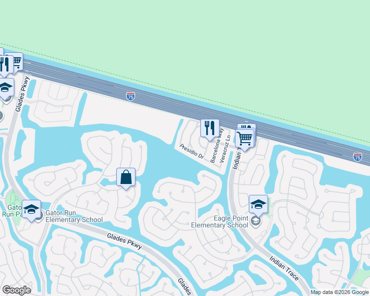 map of restaurants, bars, coffee shops, grocery stores, and more near 1427 Presidio Drive in Weston