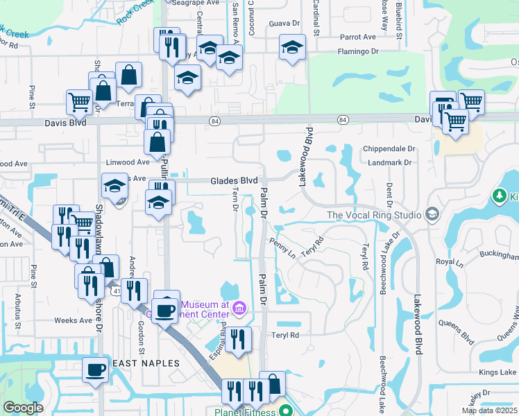 map of restaurants, bars, coffee shops, grocery stores, and more near 372 Palm Drive in Naples