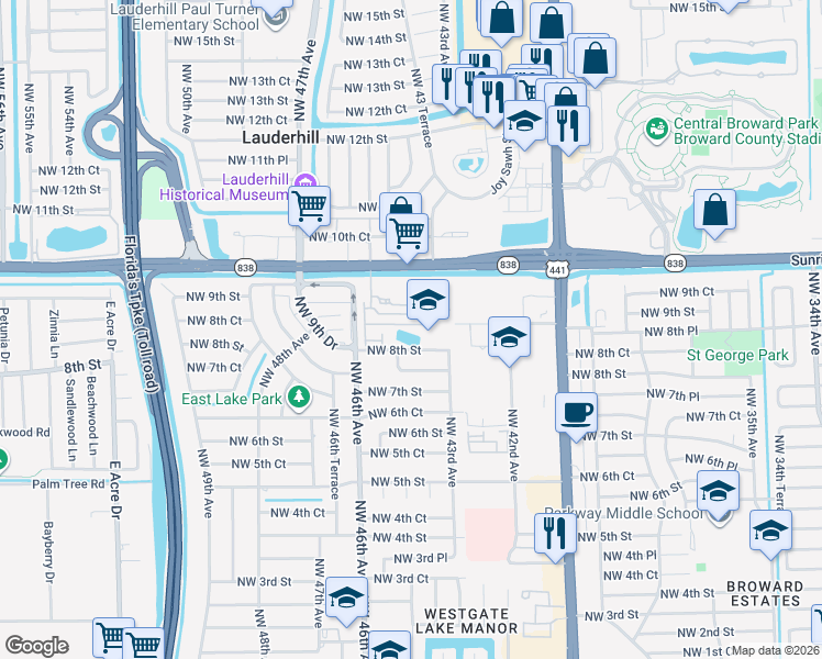 map of restaurants, bars, coffee shops, grocery stores, and more near 4400 Northwest 8th Street in Plantation