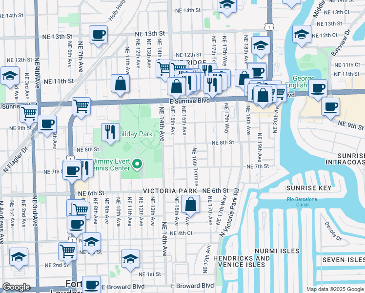map of restaurants, bars, coffee shops, grocery stores, and more near 726 Northeast 15th Avenue in Fort Lauderdale