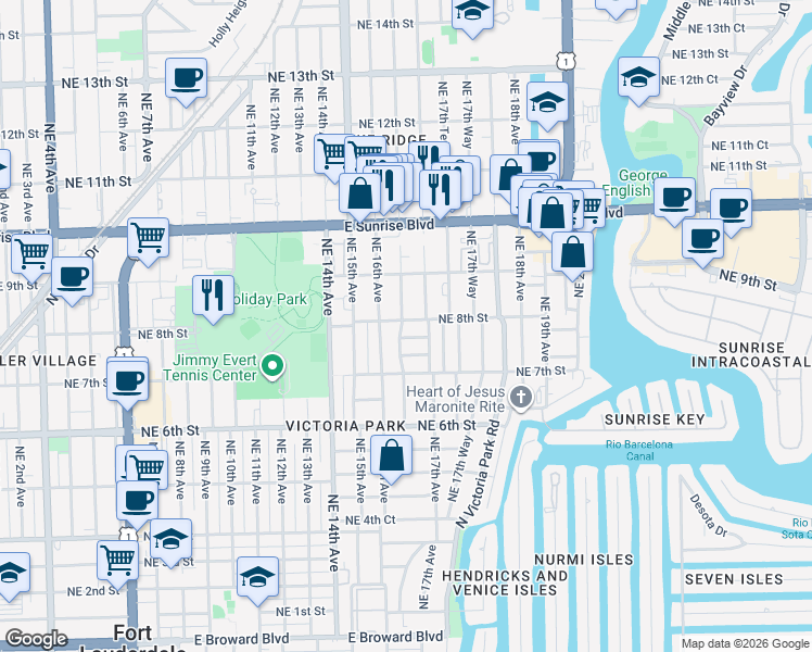map of restaurants, bars, coffee shops, grocery stores, and more near 725 Northeast 16th Terrace in Fort Lauderdale