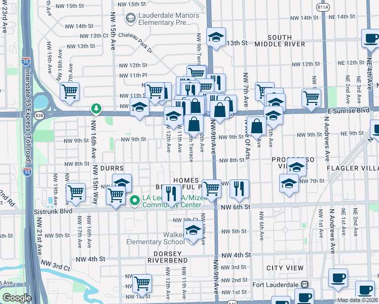 map of restaurants, bars, coffee shops, grocery stores, and more near 800 Northwest 10th Terrace in Fort Lauderdale