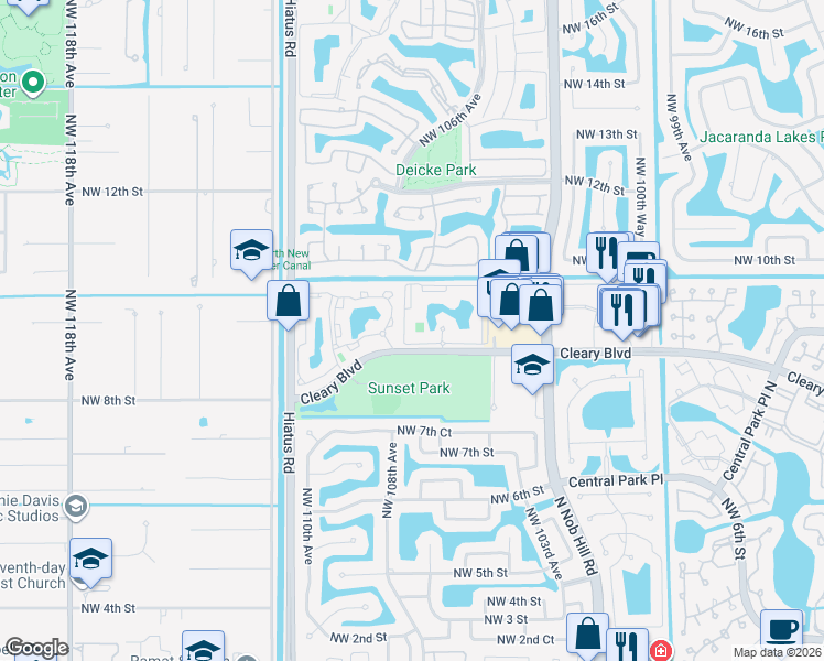 map of restaurants, bars, coffee shops, grocery stores, and more near 10781 Cleary Boulevard in Plantation