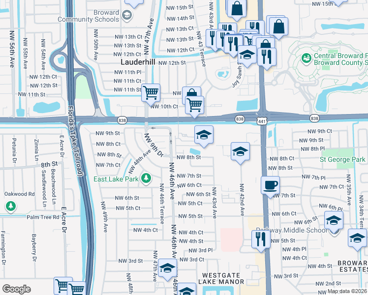 map of restaurants, bars, coffee shops, grocery stores, and more near 4460 Northwest 8th Place in Plantation
