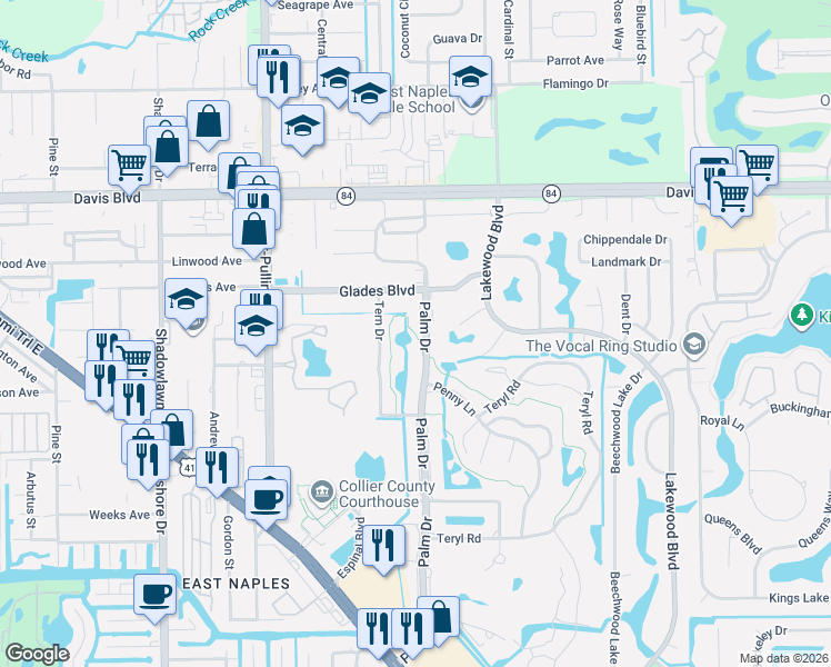 map of restaurants, bars, coffee shops, grocery stores, and more near 96 Glades Boulevard in Naples