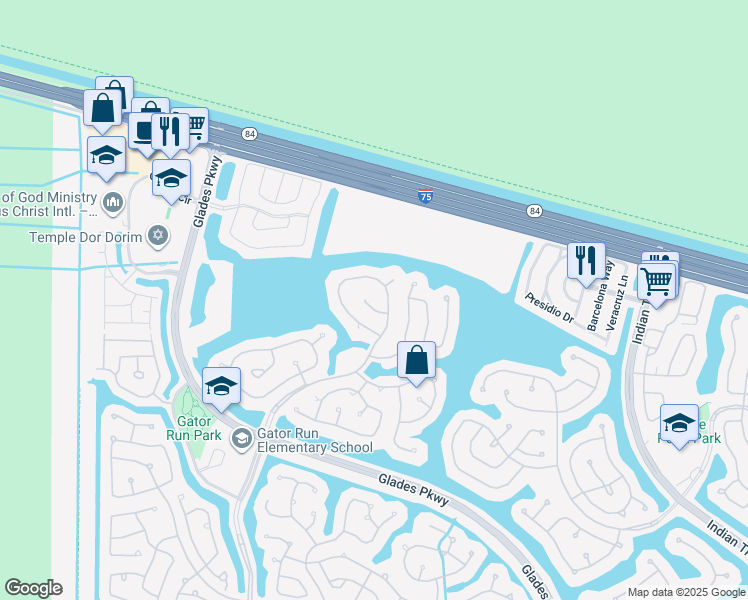 map of restaurants, bars, coffee shops, grocery stores, and more near 1485 Meadows Boulevard in Weston