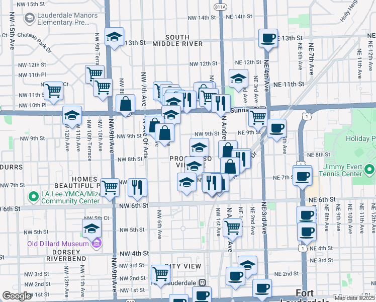 map of restaurants, bars, coffee shops, grocery stores, and more near 745 Northwest 4th Avenue in Fort Lauderdale