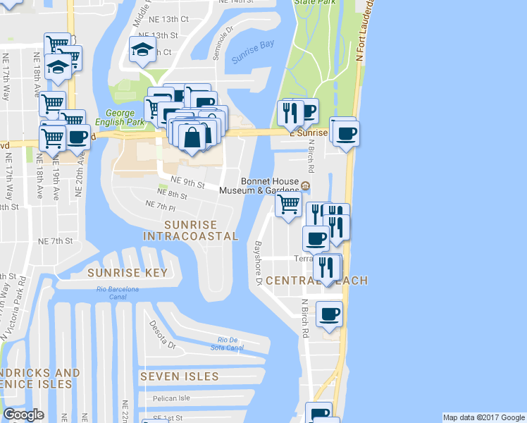 map of restaurants, bars, coffee shops, grocery stores, and more near 711 Bayshore Drive in Fort Lauderdale