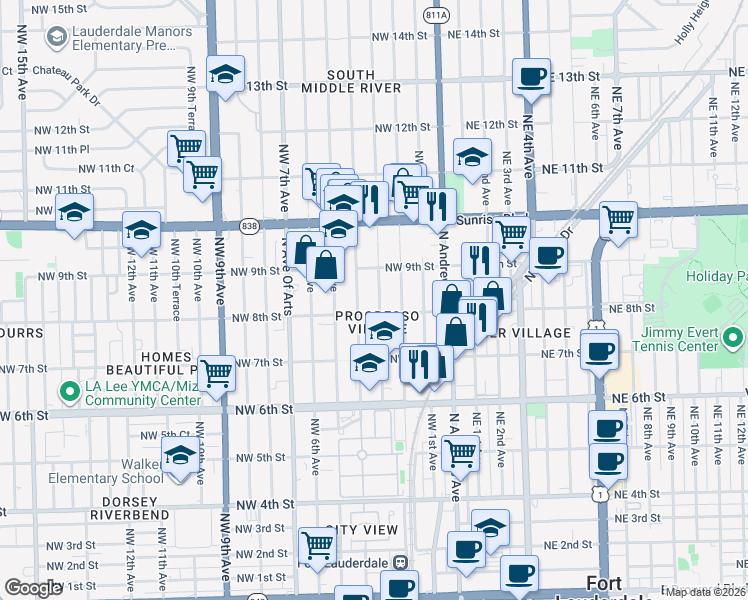 map of restaurants, bars, coffee shops, grocery stores, and more near 745 Northwest 2nd Avenue in Fort Lauderdale