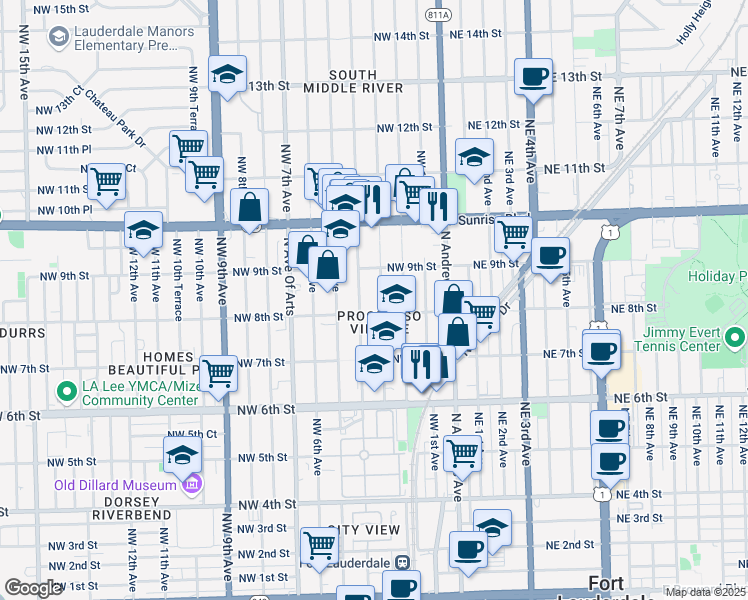 map of restaurants, bars, coffee shops, grocery stores, and more near 745 Northwest 4th Avenue in Fort Lauderdale