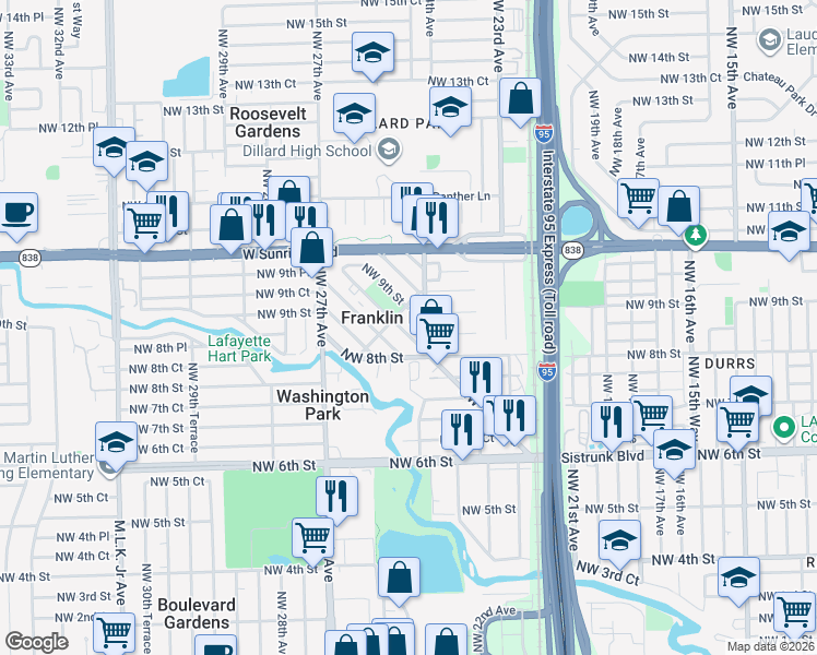 map of restaurants, bars, coffee shops, grocery stores, and more near 2417 Northwest 22nd Road in Fort Lauderdale