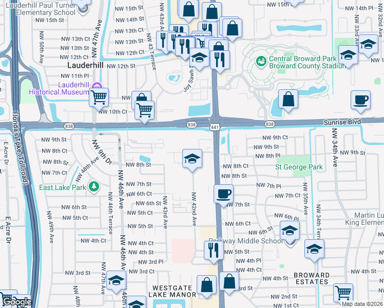 map of restaurants, bars, coffee shops, grocery stores, and more near 675 Northwest 42nd Avenue in Plantation