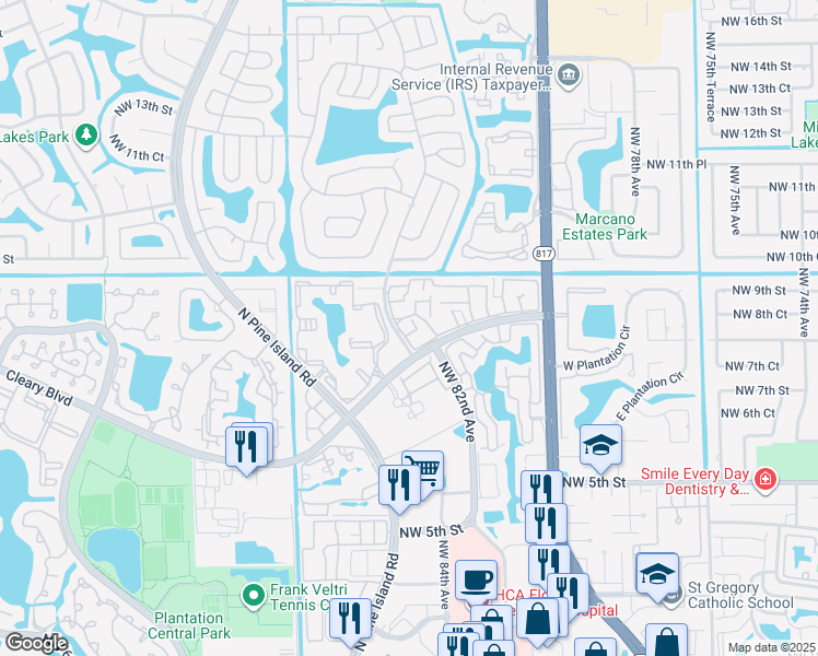 map of restaurants, bars, coffee shops, grocery stores, and more near 8243 Northwest 8th Street in Plantation
