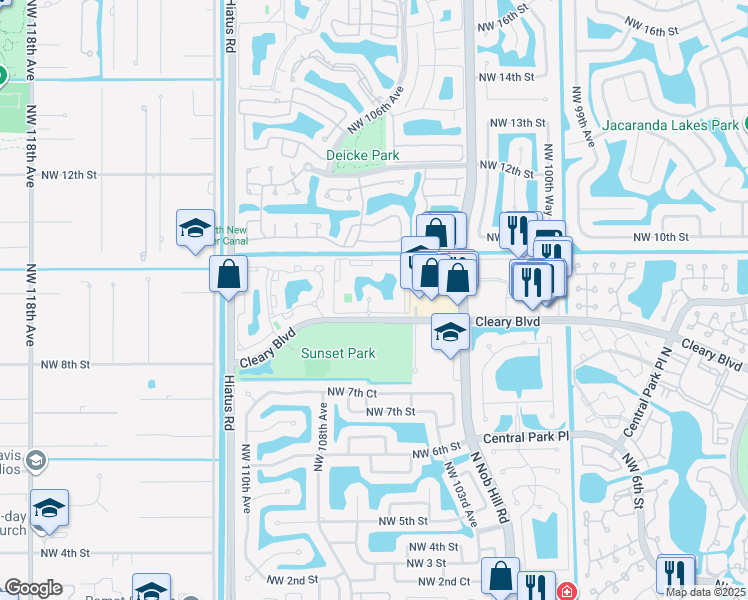 map of restaurants, bars, coffee shops, grocery stores, and more near 10709 Cleary Boulevard in Plantation