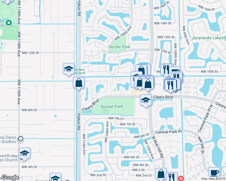 map of restaurants, bars, coffee shops, grocery stores, and more near 10781 Cleary Boulevard in Plantation
