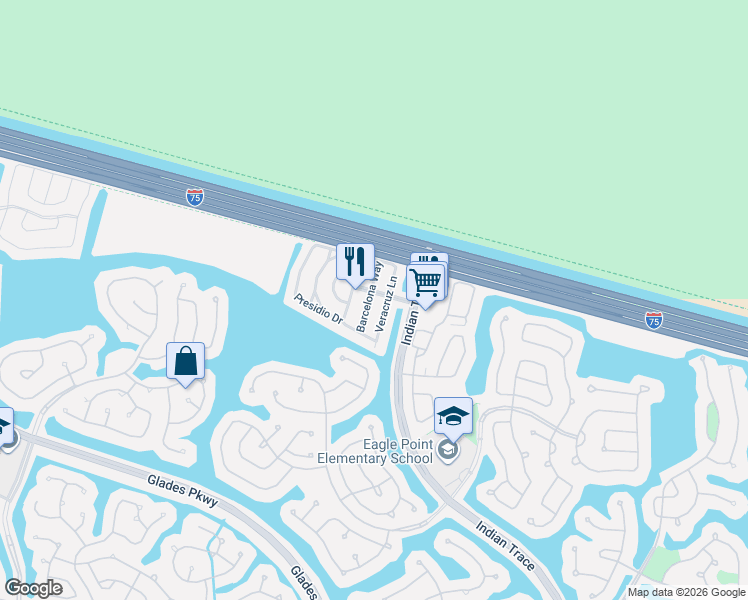 map of restaurants, bars, coffee shops, grocery stores, and more near 1418 Barcelona Way in Weston
