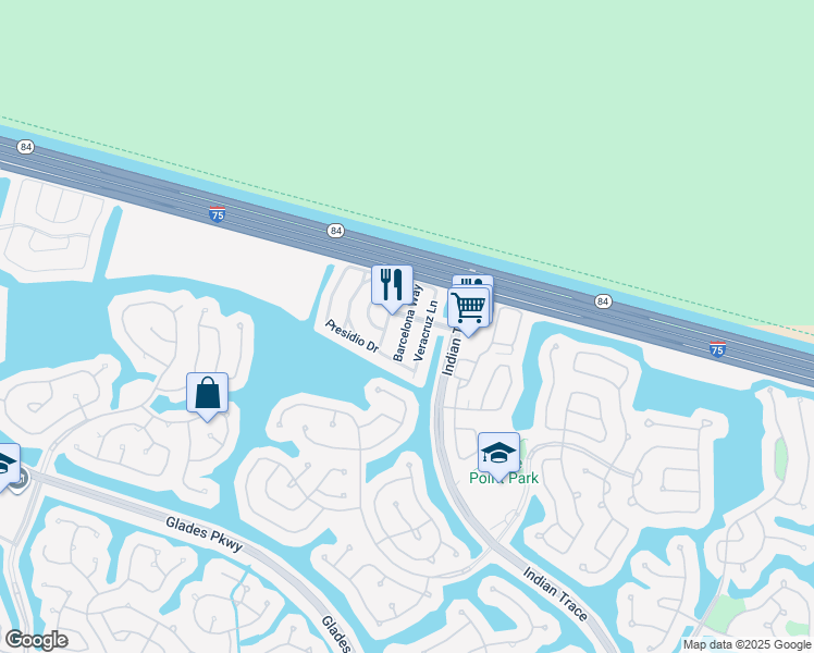 map of restaurants, bars, coffee shops, grocery stores, and more near 1418 Barcelona Way in Weston