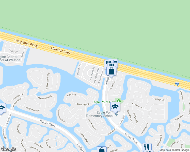 map of restaurants, bars, coffee shops, grocery stores, and more near 1418 Barcelona Way in Weston