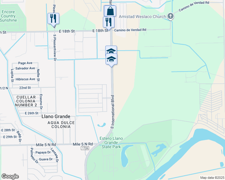 map of restaurants, bars, coffee shops, grocery stores, and more near 2612 South International Boulevard in Weslaco