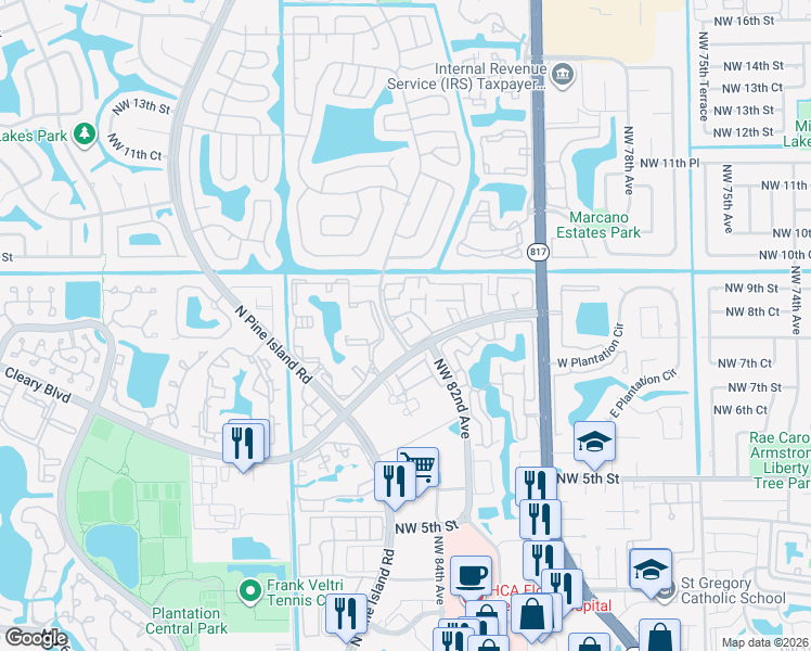map of restaurants, bars, coffee shops, grocery stores, and more near 8237 Northwest 8th Court in Plantation
