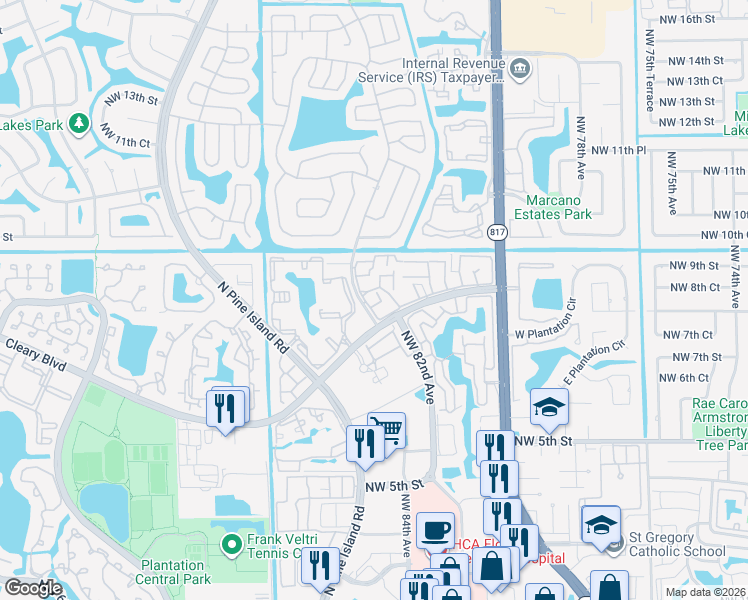 map of restaurants, bars, coffee shops, grocery stores, and more near 8237 Northwest 8th Court in Plantation