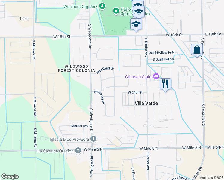 map of restaurants, bars, coffee shops, grocery stores, and more near 2605 Woodland Drive in Weslaco