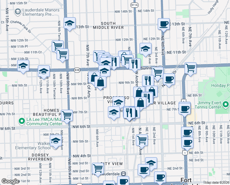 map of restaurants, bars, coffee shops, grocery stores, and more near 745 Northwest 2nd Avenue in Fort Lauderdale