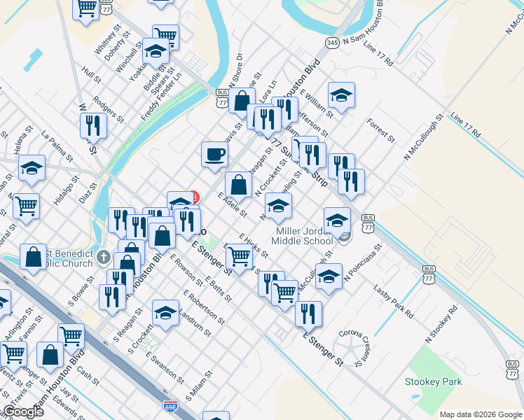 map of restaurants, bars, coffee shops, grocery stores, and more near 500-598 North Dick Dowling Street in San Benito