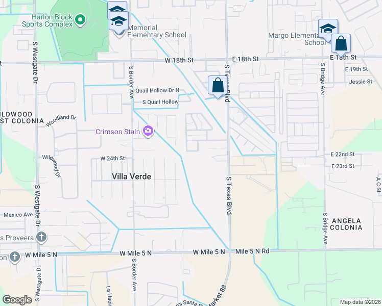 map of restaurants, bars, coffee shops, grocery stores, and more near 2425 West Wimbledon Drive in Weslaco