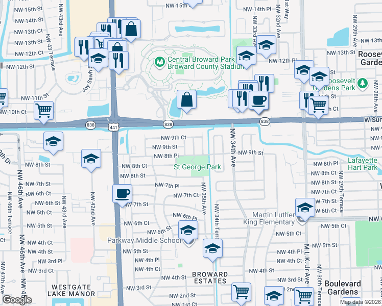 map of restaurants, bars, coffee shops, grocery stores, and more near 921 Northwest 35th Terrace in Fort Lauderdale