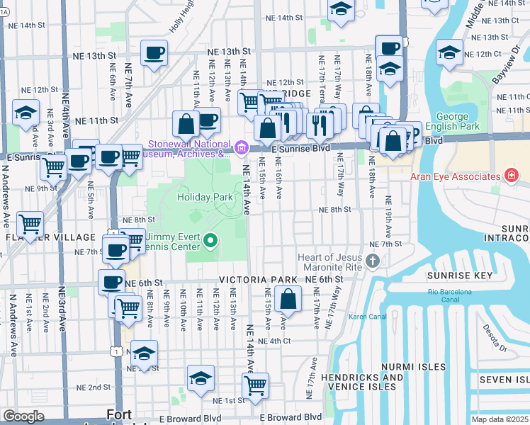 map of restaurants, bars, coffee shops, grocery stores, and more near 816 Northeast 15th Avenue in Fort Lauderdale