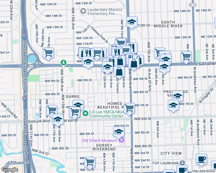 map of restaurants, bars, coffee shops, grocery stores, and more near 845 Northwest 11th Avenue in Fort Lauderdale