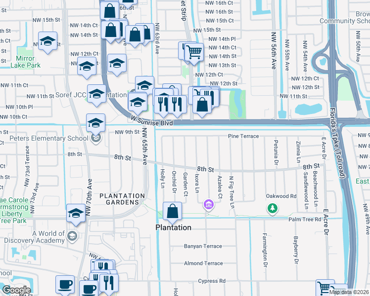 map of restaurants, bars, coffee shops, grocery stores, and more near 884 Garden Court in Plantation