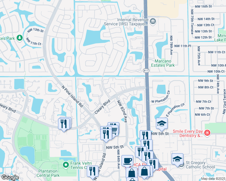map of restaurants, bars, coffee shops, grocery stores, and more near 8218 Northwest 9th Street in Plantation