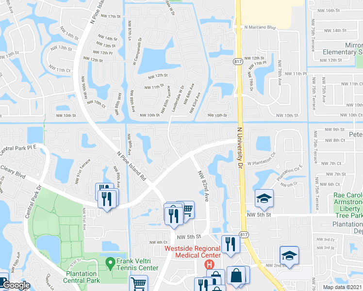 map of restaurants, bars, coffee shops, grocery stores, and more near 8218 Northwest 9th Street in Plantation