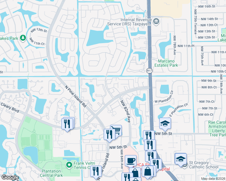 map of restaurants, bars, coffee shops, grocery stores, and more near 8218 Northwest 9th Street in Plantation