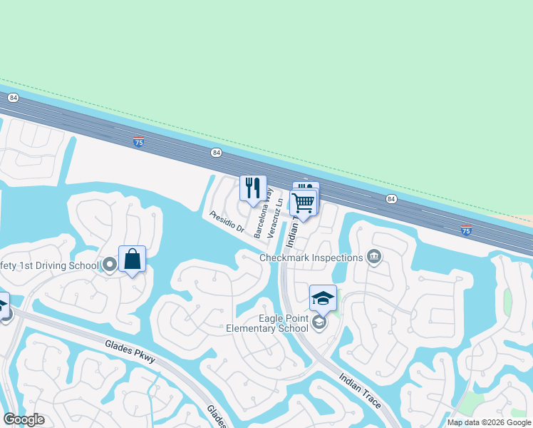 map of restaurants, bars, coffee shops, grocery stores, and more near 1549 Barcelona Way in Weston