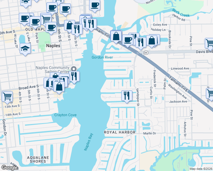 map of restaurants, bars, coffee shops, grocery stores, and more near 1340 Pelican Avenue in Naples