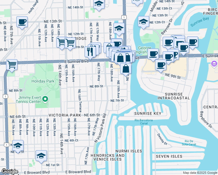 map of restaurants, bars, coffee shops, grocery stores, and more near 812 North Victoria Park Road in Fort Lauderdale