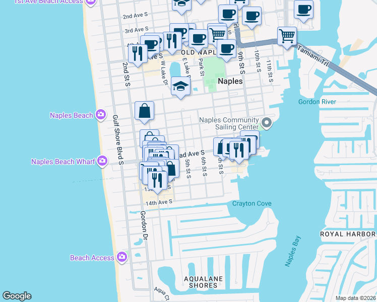 map of restaurants, bars, coffee shops, grocery stores, and more near 1120 5th Street South in Naples