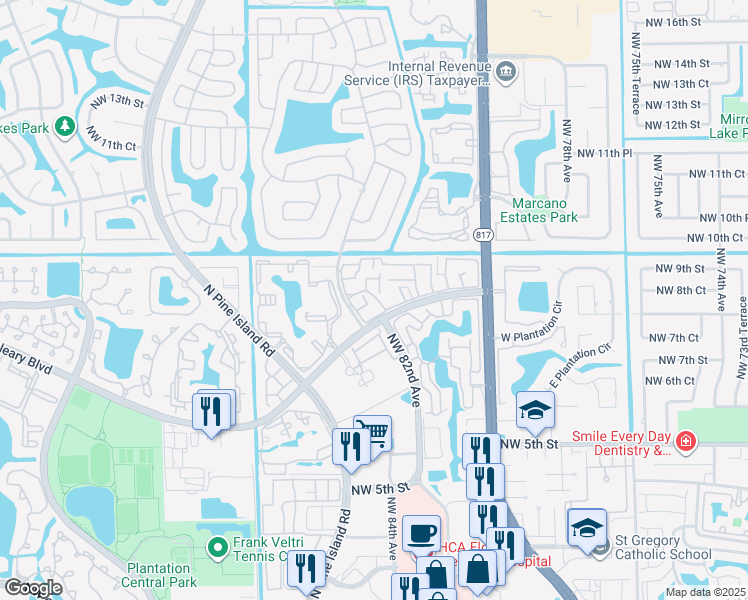map of restaurants, bars, coffee shops, grocery stores, and more near 8218 Northwest 9th Street in Plantation