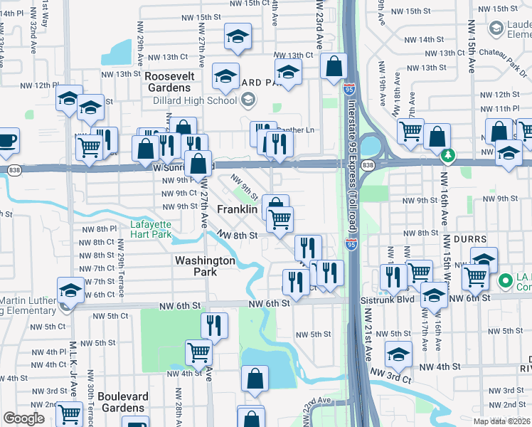 map of restaurants, bars, coffee shops, grocery stores, and more near in Franklin Park