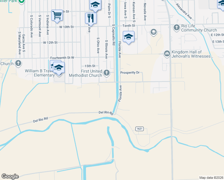 map of restaurants, bars, coffee shops, grocery stores, and more near Mile 5 1/2 North in Mercedes