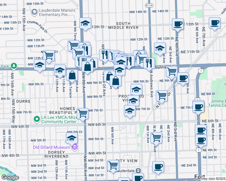 map of restaurants, bars, coffee shops, grocery stores, and more near 842 Northwest 6th Avenue in Fort Lauderdale